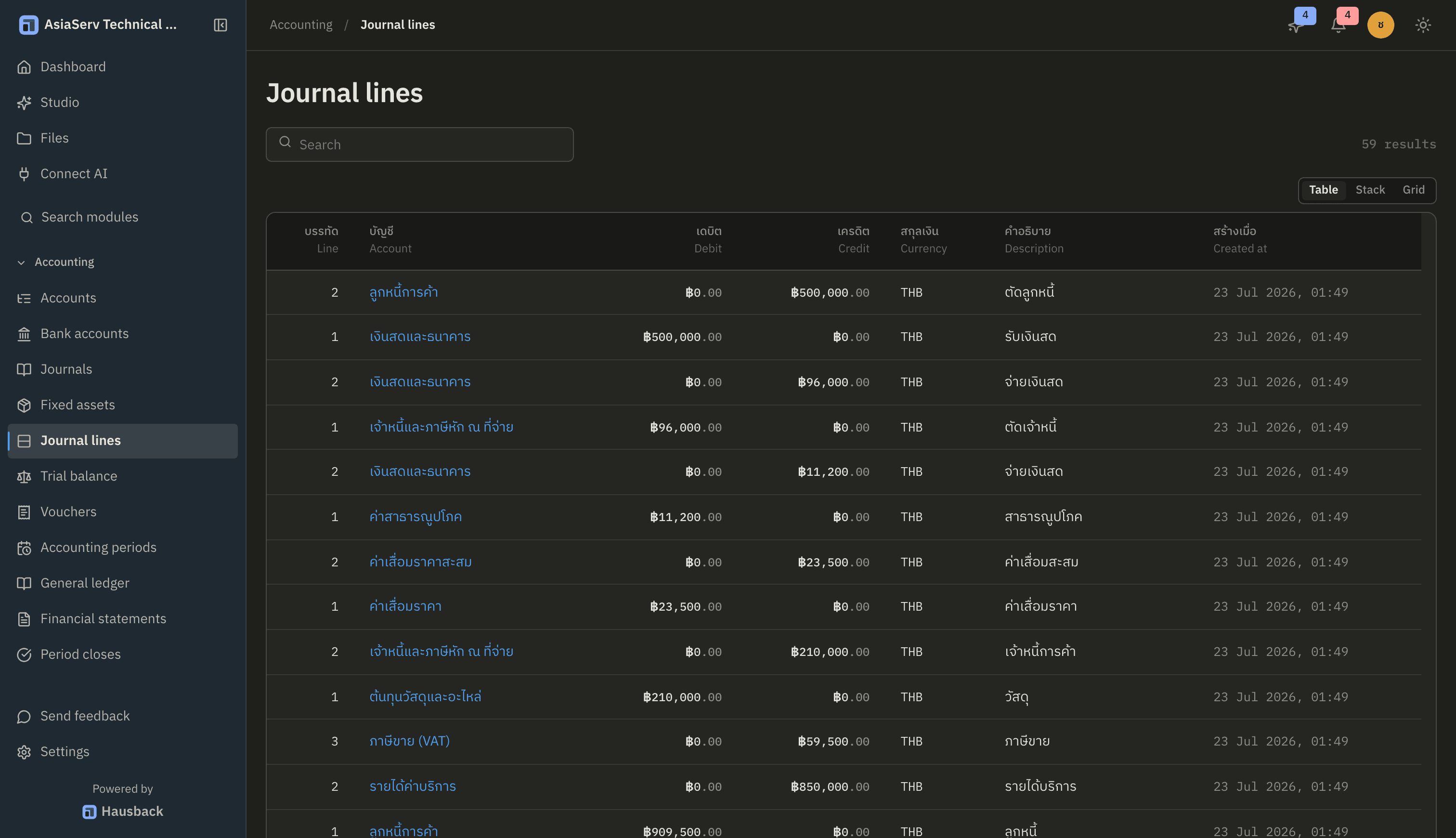 Hausback accounting ledger with a full period of entries