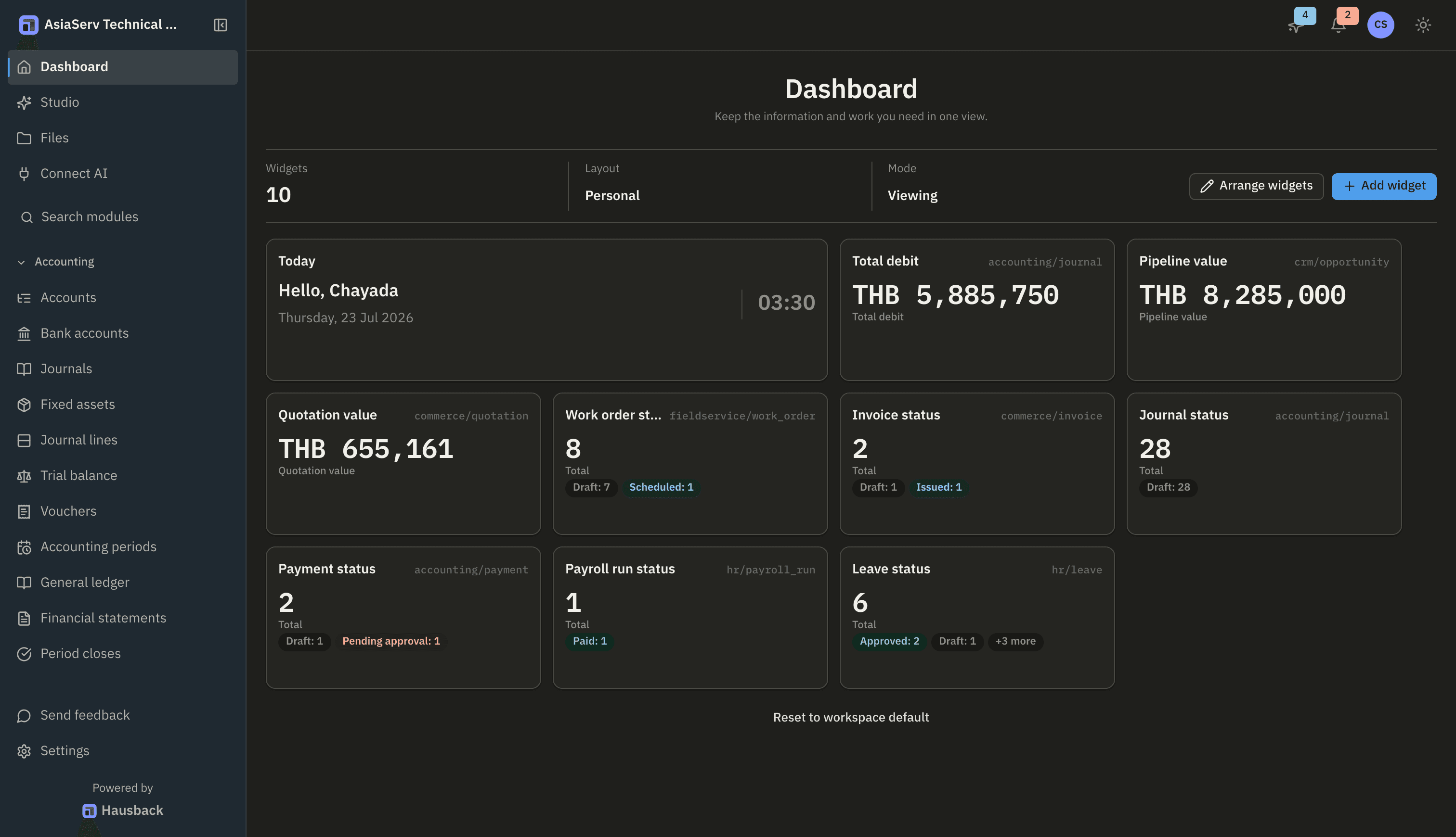 Hausback workspace dashboard with live widgets